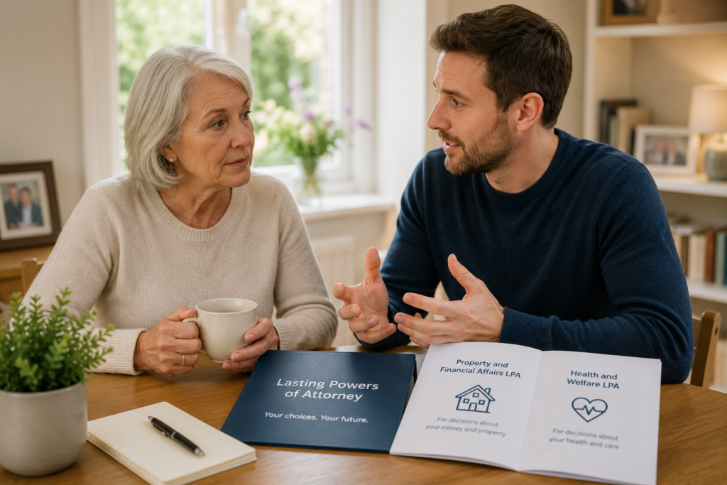 Parent discussing Lasting Powers of Attorney with an adult child at home