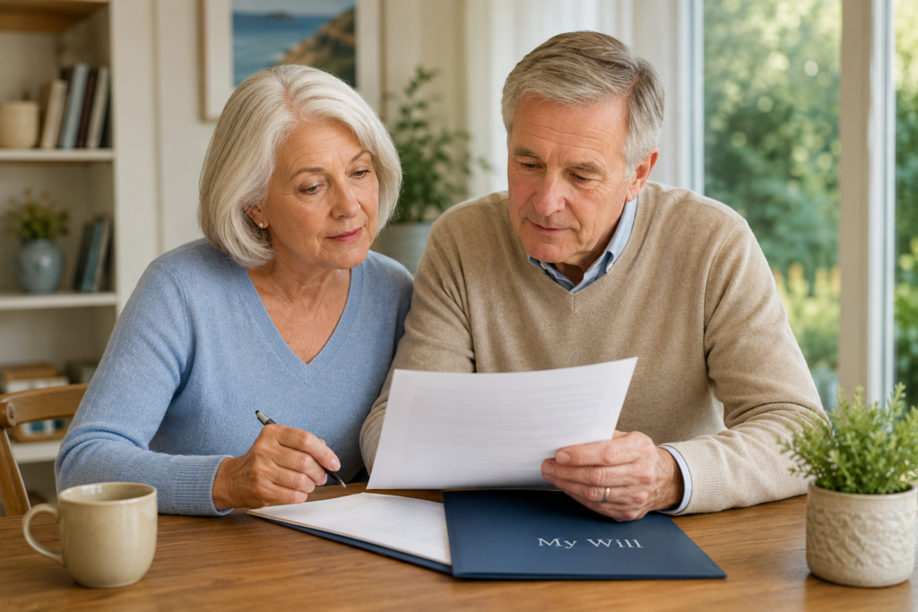 Retired couple reviewing their will and later-life planning documents at home