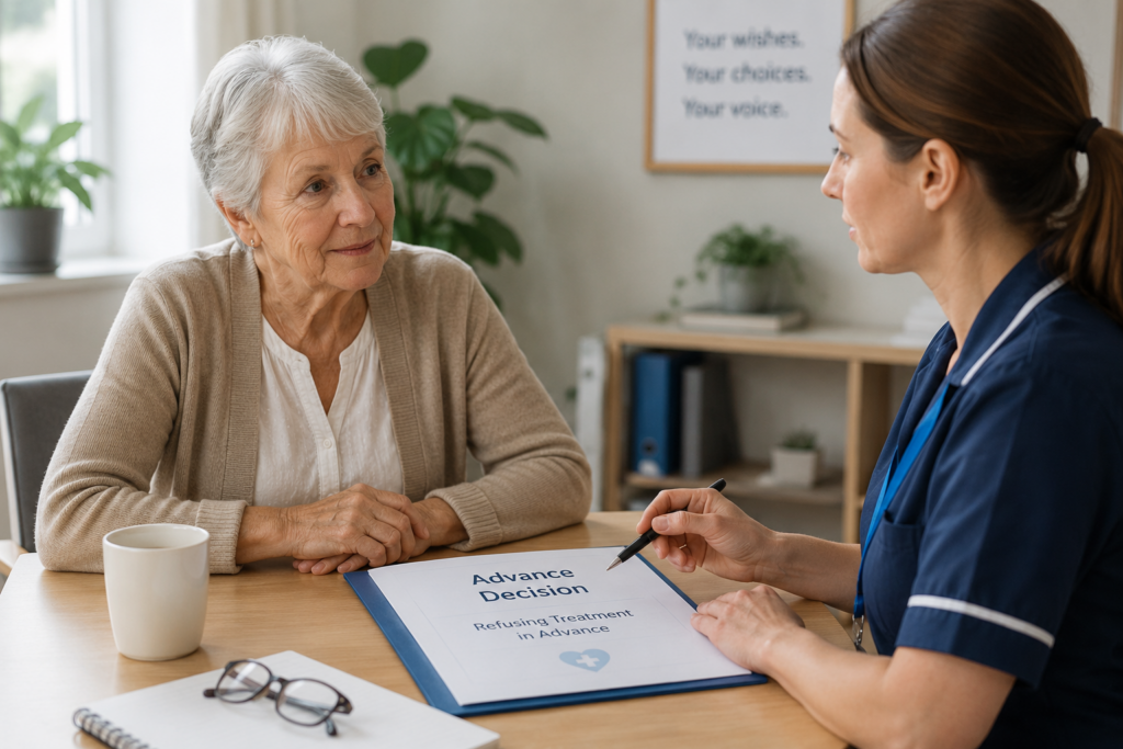 Older woman discussing an advance decision to refuse medical treatment with a healthcare professional.