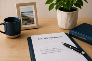 Will document, family checklist, house keys and pen arranged for making a will