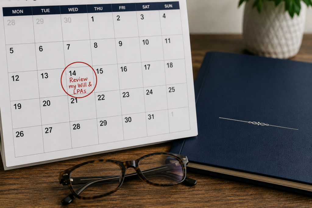 Calendar beside a navy document folder, pen and reading glasses representing a regular will review