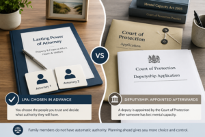 Split scene comparing a Lasting Power of Attorney with Court of Protection deputyship