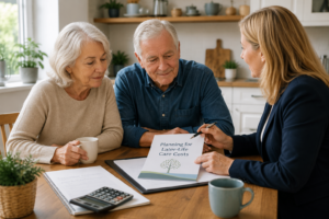 Older couple discussing plans for later-life care costs with a professional at home.
