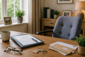 Guides from Brooks Wills Empty home office chair beside an unsigned will, house keys and unopened post
