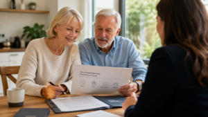 Older couple reviewing an estate planning guide with an adviser at a kitchen table.