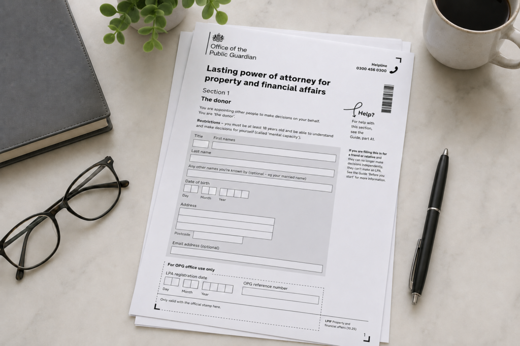Property and Financial Affairs Lasting Power of Attorney form beside glasses, pen and documents