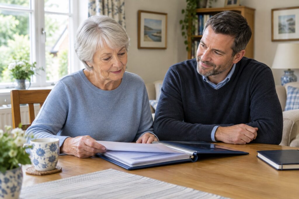 Older adult reviewing important planning documents with a trusted family member